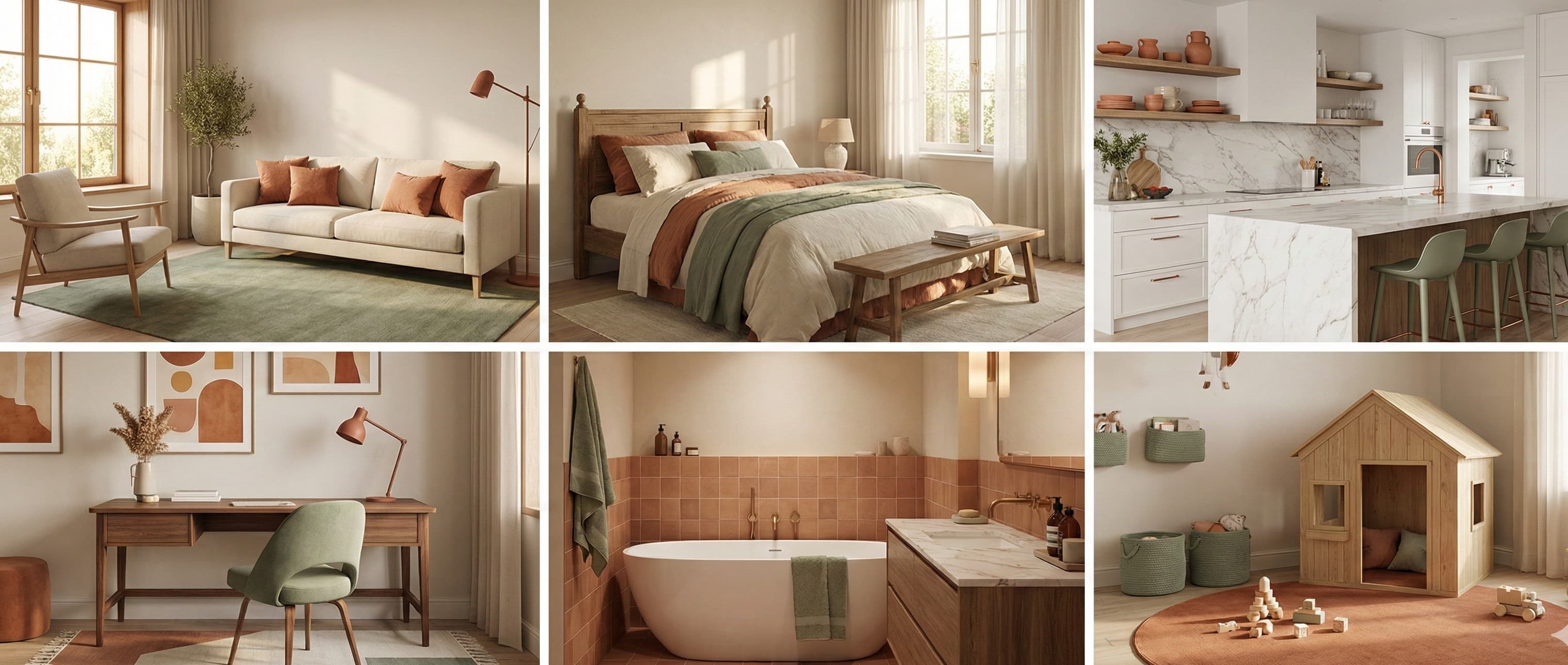 Mosaïque de propositions d'ambiance : salon, chambre, cuisine, bureau, salle de bain