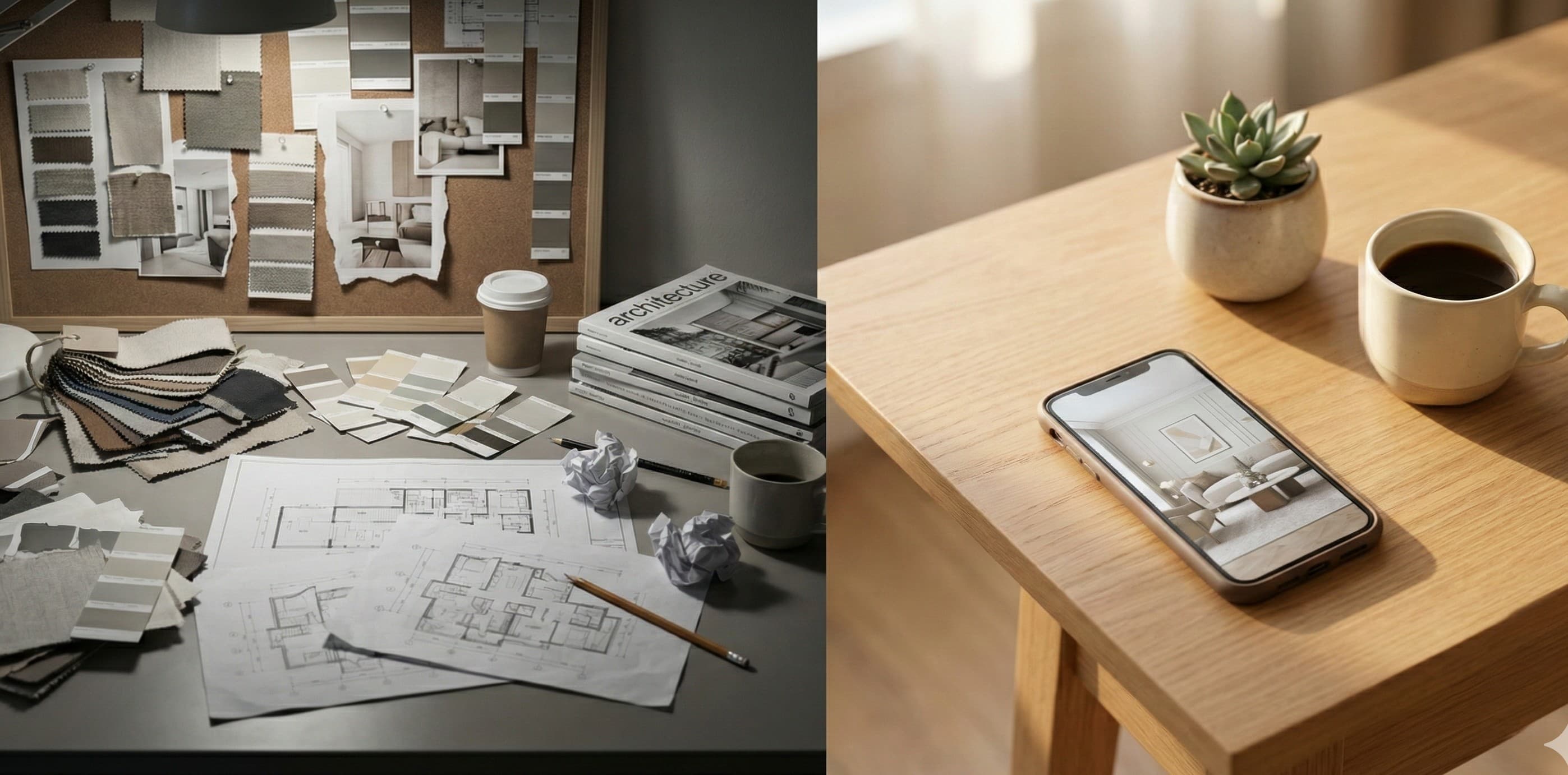 Avant : bureau encombré de moodboards. Après : proposition d'ambiance envoyée depuis un téléphone