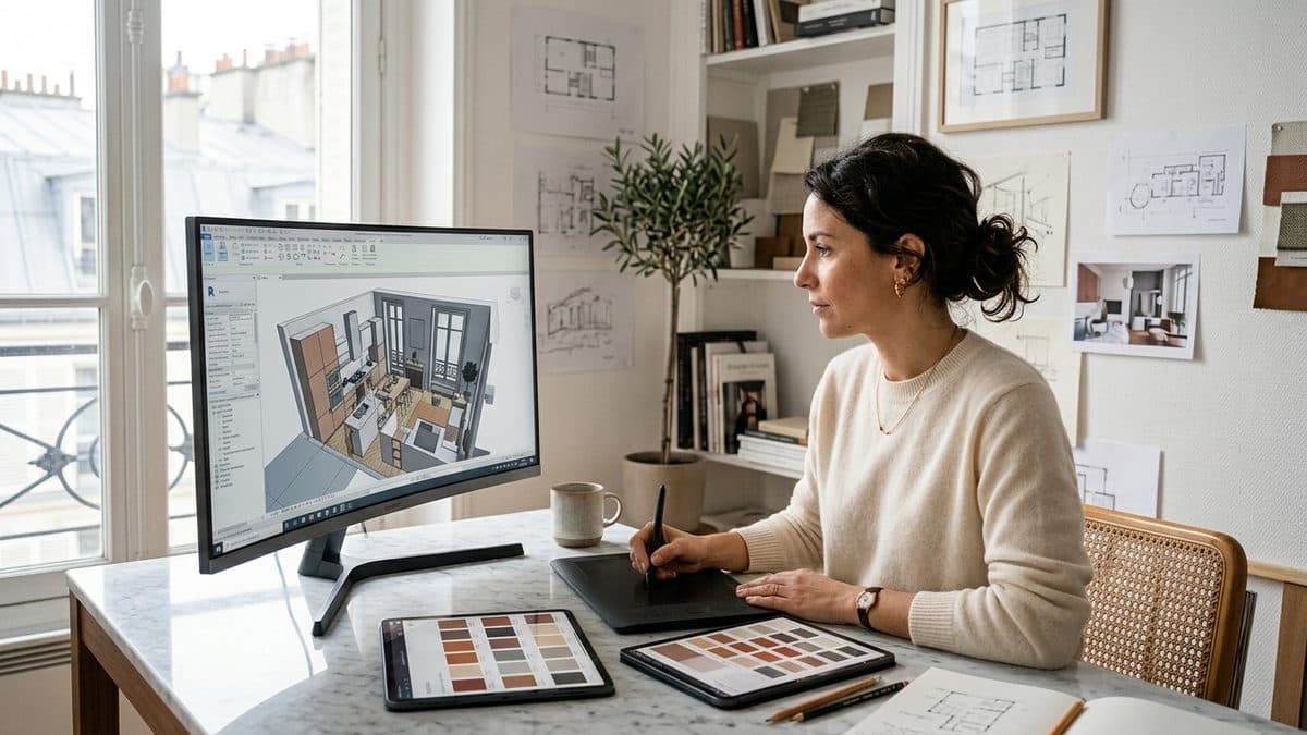 Architecte d'intérieur travaillant sur un logiciel 3D avec rendu IA dans un bureau parisien