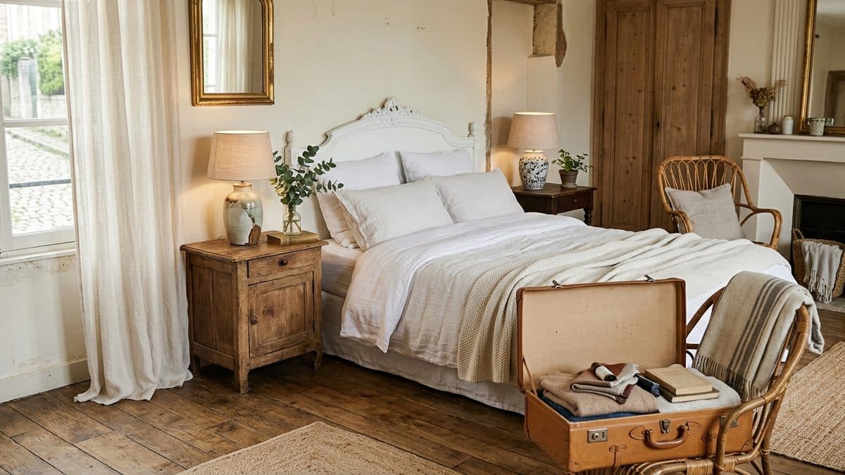 Chambre mise en scène en home staging physique avec mobilier réel, textiles et accessoires