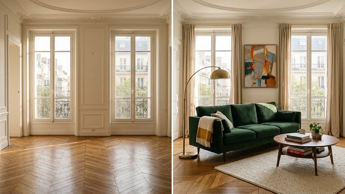 Salon vide à gauche transformé en salon meublé contemporain à droite par home staging virtuel