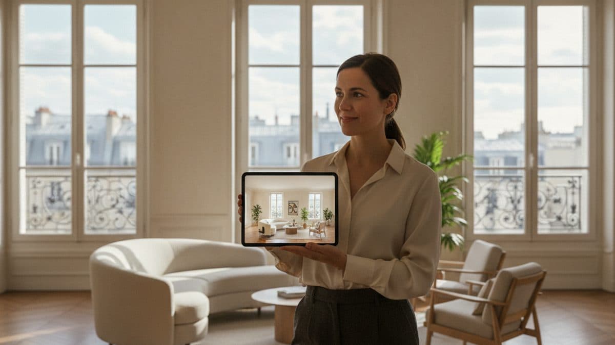 Salon avant et après home staging virtuel : pièce vide à gauche, meublée et décorée à droite