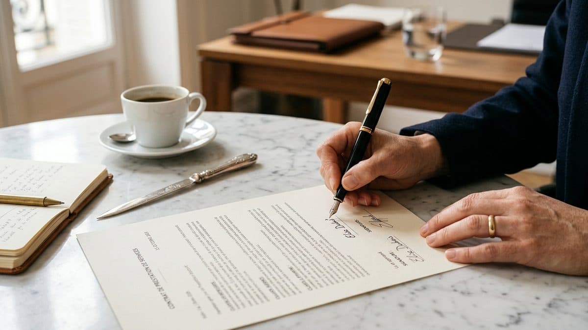 Deux professionnels de la décoration d'intérieur signant un contrat de marque blanche dans un bureau parisien