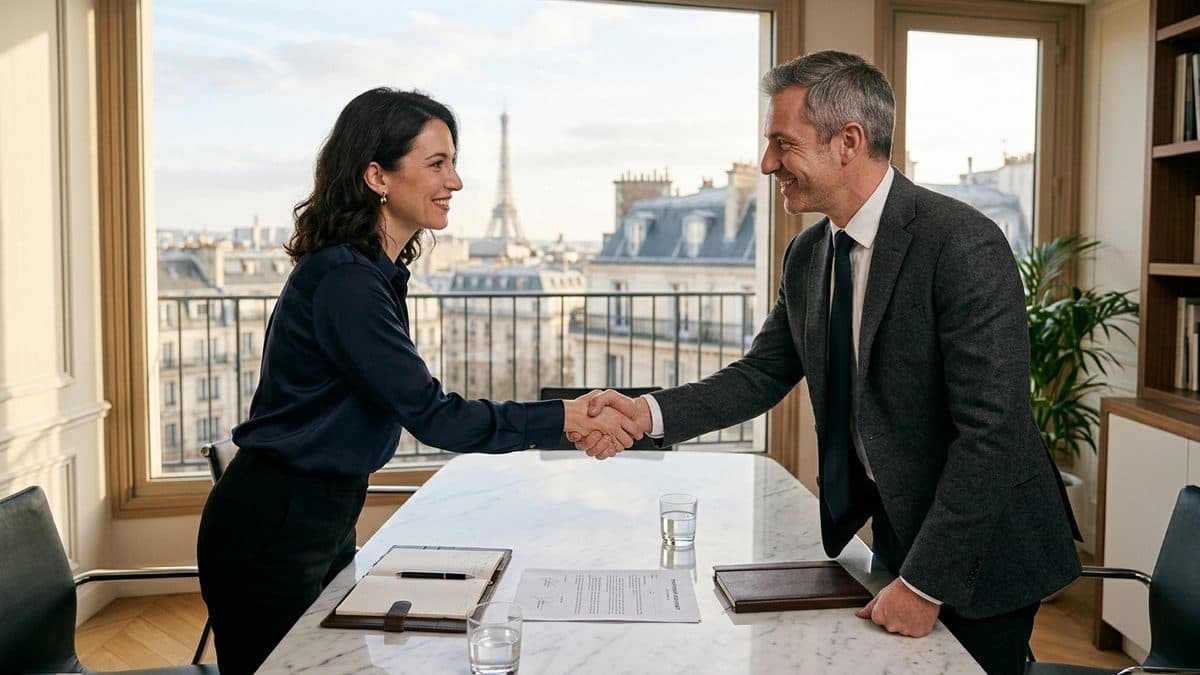 Deux professionnels de la décoration signant un contrat de partenariat dans un bureau parisien