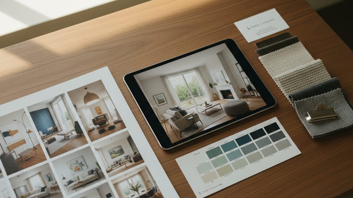 Livrable de décoration brandé posé sur un bureau : moodboard, rendu photoréaliste et palette de matériaux
