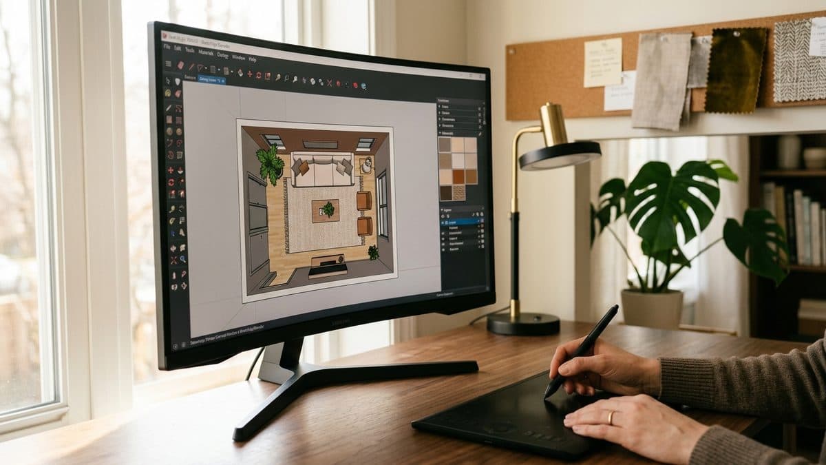 Architecte d'intérieur travaillant sur un logiciel de rendu 3D photoréaliste sur un écran large