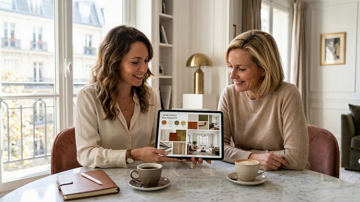 Architecte d'intérieur présentant un moodboard et des rendus sur tablette à un client en rendez-vous