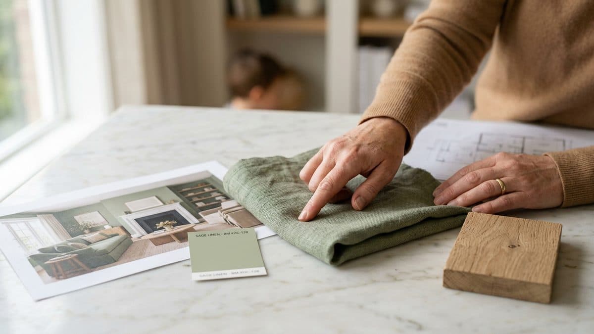 Échantillons de tissus, bois et peintures posés sur une table de présentation avec un rendu photoréaliste imprimé