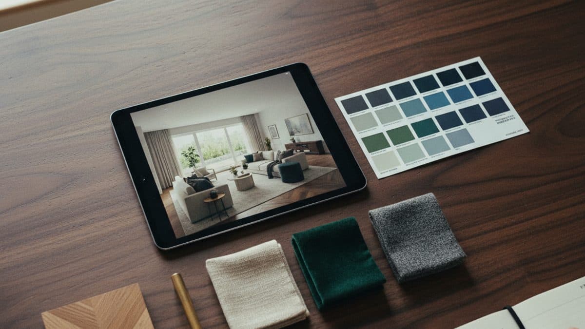 Architecte d'intérieur présentant un moodboard sur tablette à une cliente dans un bureau parisien