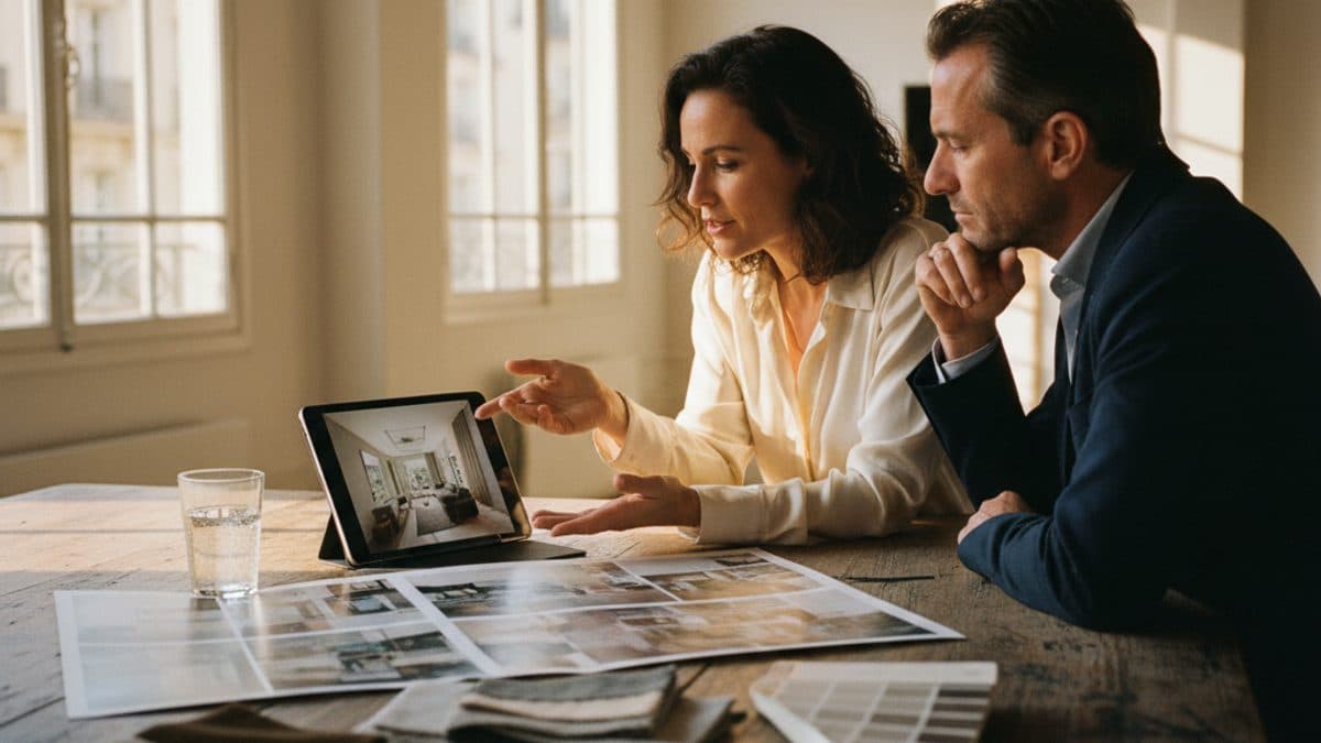 Architecte d'intérieur présentant un moodboard et une palette de matériaux à une cliente dans un bureau lumineux