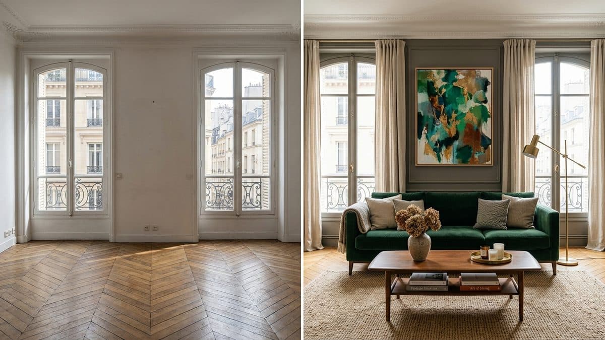 Comparaison avant/après : pièce vide photographiée puis transformée en salon meublé par rendu IA