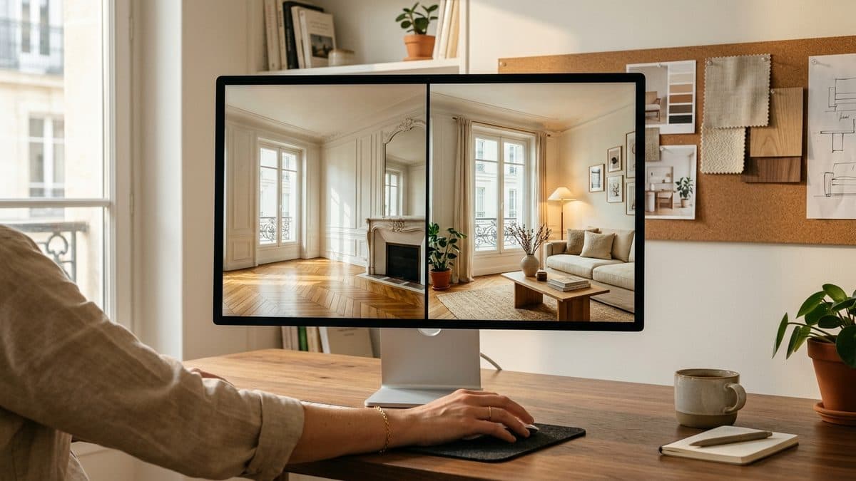 Écran d'ordinateur affichant un avant/après de rendu photoréaliste IA dans un salon moderne