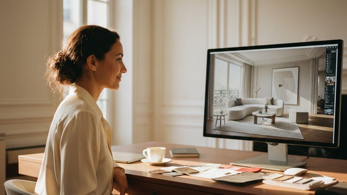 Architecte d'intérieur consultant un rendu photoréaliste IA sur écran dans un bureau parisien lumineux