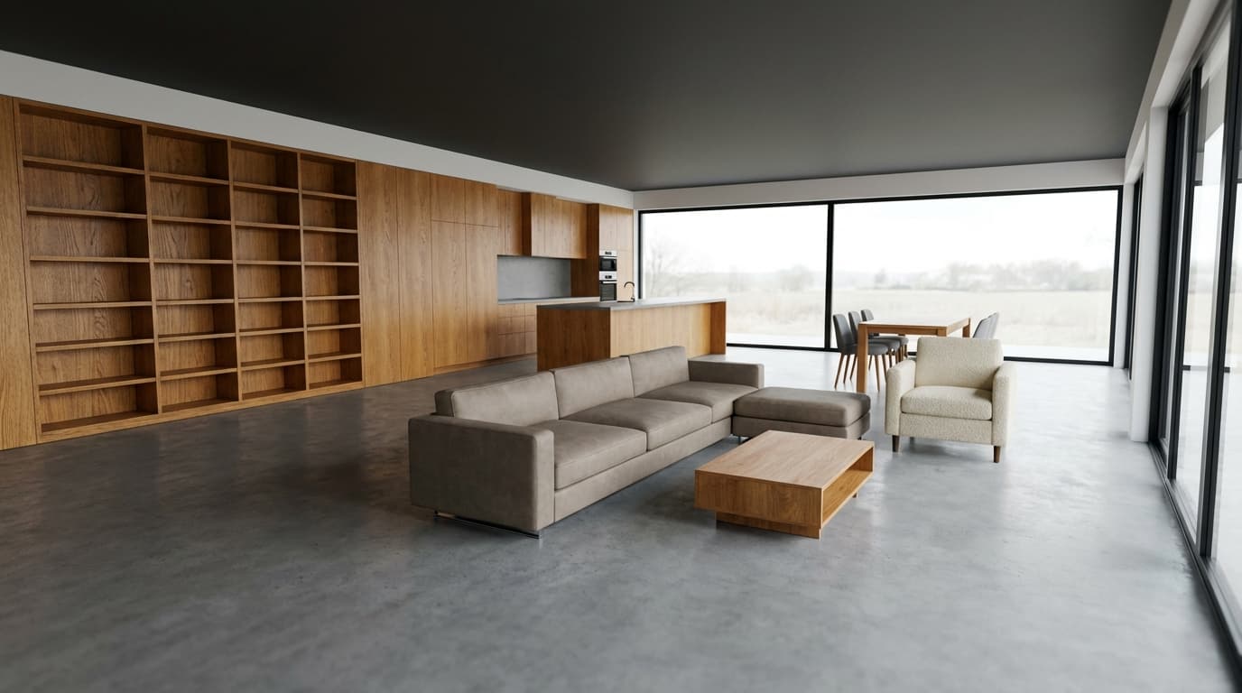 Image photoréaliste générée par Novacasa à partir du rendu 3D SketchUp — même salon avec éclairage naturel et matériaux réalistes