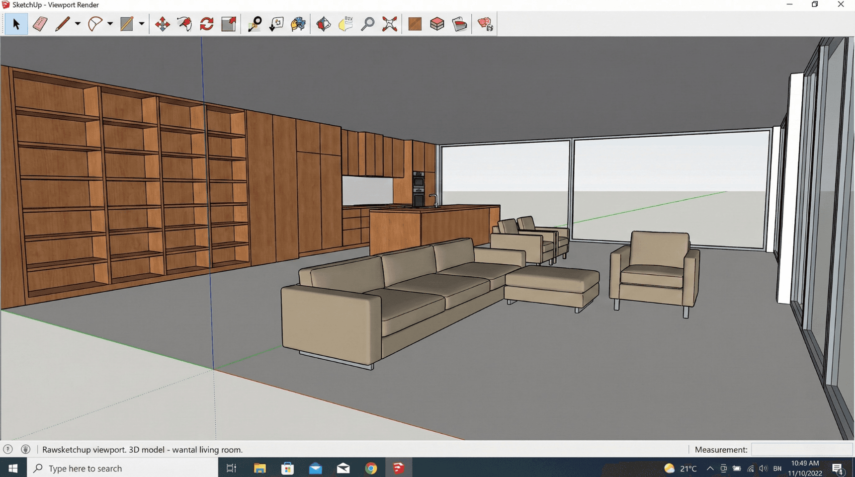 Capture d'écran SketchUp — rendu 3D d'un salon contemporain avec bibliothèque bois et canapé